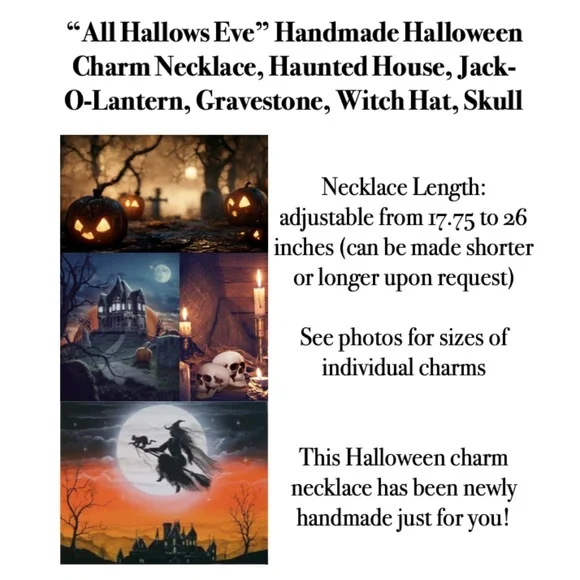 “All Hallows Eve" Handmade Silver Halloween Charm Necklace Haunted House Pumpkin - Picture 14 of 15